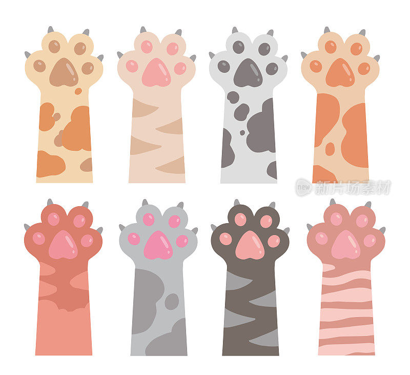 Cute cartoon style vector drawings of cat arms and paws with extended claws in different fur colors